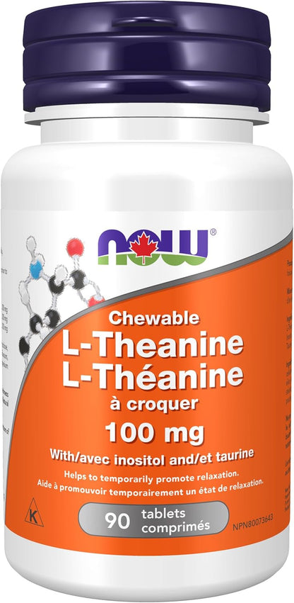 NOW Supplements, L-Theanine 100 mg with Inositol and Taurine Chewables, Tension Management*, 90 Count