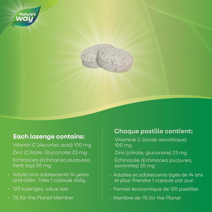Nature’s Way Zinc with Echinacea & Vitamin C - Immune Support Supplement with Zinc, Echinacea, and Vitamin C – Natural Wild Berry Flavour - 120 Lozenges, Value Size