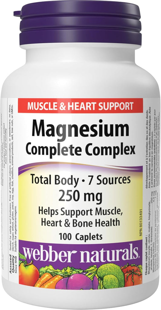 Webber Naturals Magnesium Complete Complex 250 mg, 7 Sources of Magnesium, 100 Caplets, Helps Support Muscle, Heart and Bone Health, Vegan