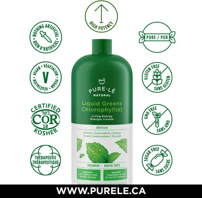 Pure-lē Natural Chlorophyll Liquid Greens | Organic (COR Certified), Gluten-Free, Vegan | Mint Flavor (1000 mL) – Natural Body Deodorant, Alkalizing & Antioxidant Support