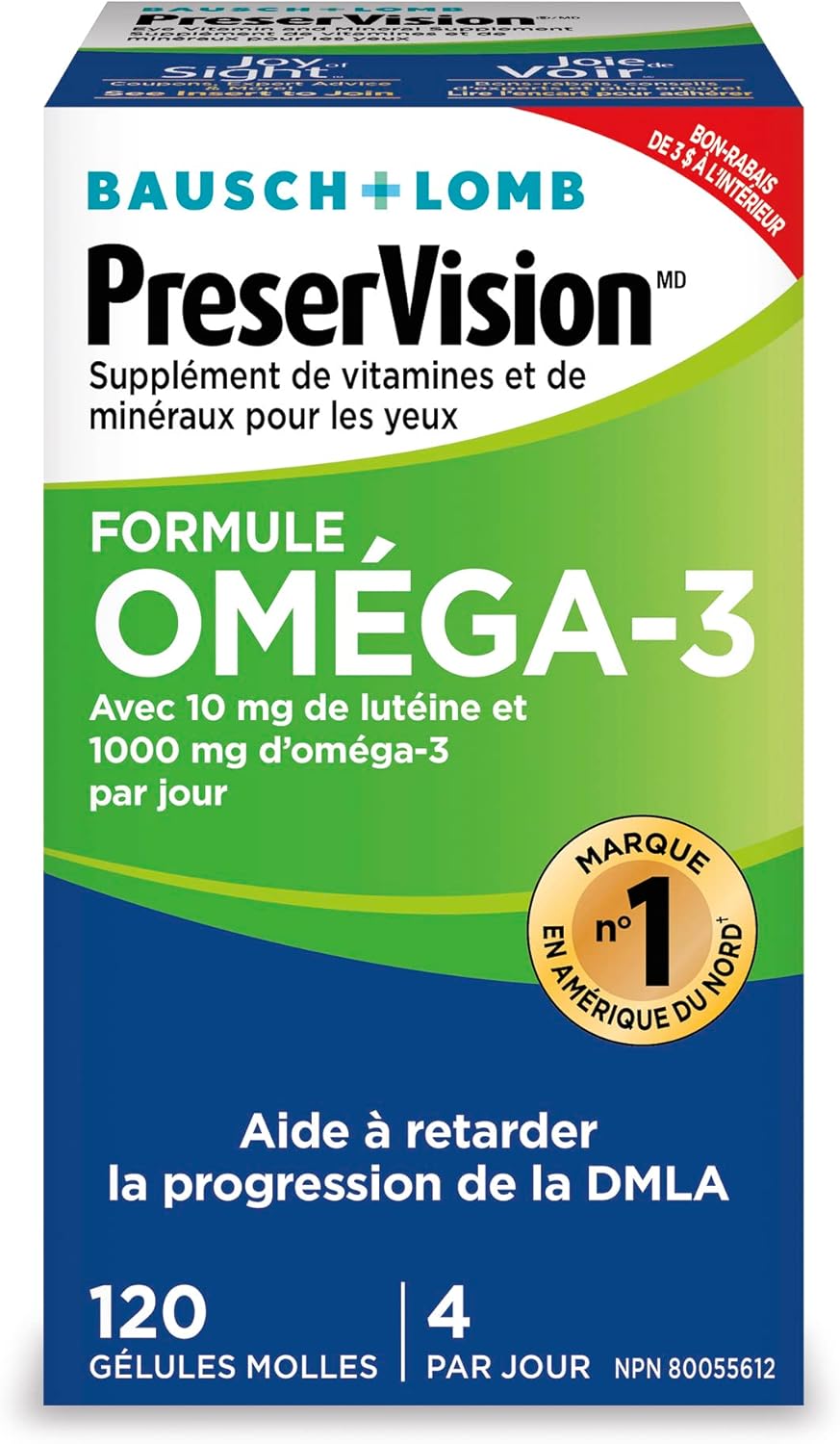 PreserVision Omega-3 眼部维生素和矿物质补充剂，含 Omega-3、叶黄素、维生素 C、玉米黄质、锌和维生素 E，120 粒软胶囊