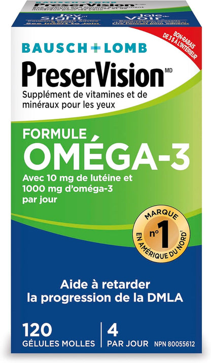 PreserVision Omega-3 眼部维生素和矿物质补充剂，含 Omega-3、叶黄素、维生素 C、玉米黄质、锌和维生素 E，120 粒软胶囊