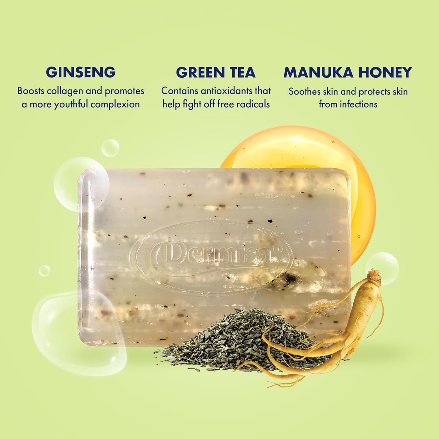 Dermisa 绿茶皂 - 温和清洁肌肤，去除角质 - 含抗氧化剂绿茶、麦卢卡蜂蜜、人参 - 85 克