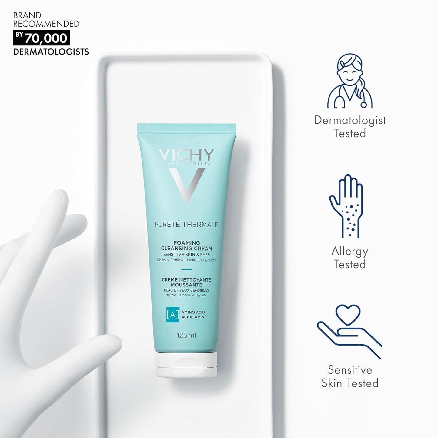 Vichy Foaming Face Cleanser, Pureté Thermale Hydrating Foaming Cream Face Wash & Makeup Remover for Normal Skin, with Vitmain B5, Hypoallergenic, Paraben-Free, 125mL