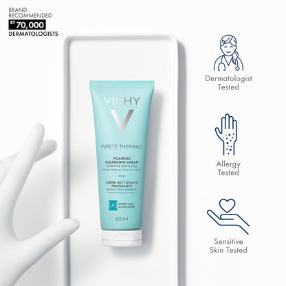 Vichy Foaming Face Cleanser, Pureté Thermale Hydrating Foaming Cream Face Wash & Makeup Remover for Normal Skin, with Vitmain B5, Hypoallergenic, Paraben-Free, 125mL