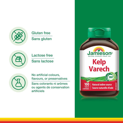 Jamieson 海帶片，650 微克碘的天然來源，有助於甲狀腺功能，並有助於維持健康。非基因改造，無麩質，100 片，加拿大製造