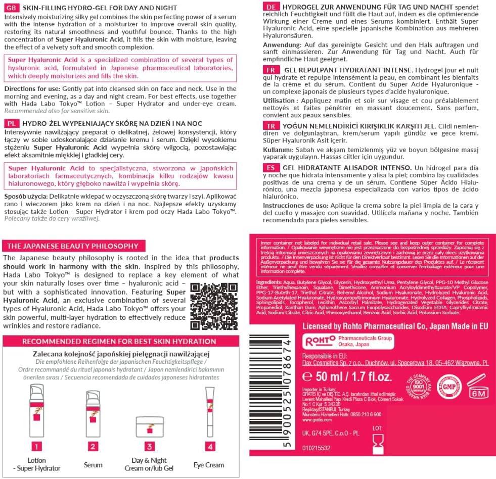 Hada Labo Tokyo Intense Hydrating Skin-Plumping Gel - Day & Night Face Moisturizer with Super Hyaluronic Acid - Fragrance Free