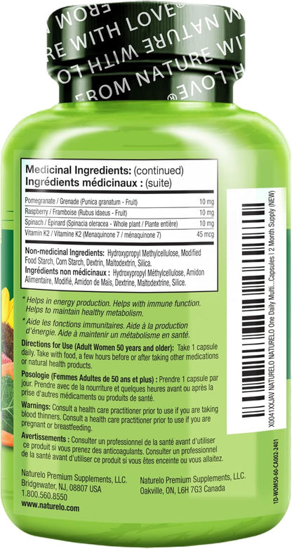 NATURELO 50歲以上女性每日一片複合維生素（無鐵） - 50歲以上女性更年期支持 - 全食物補充劑 - 非基因改造 - 不含大豆 - 60粒膠囊（2包） - 4個月用量