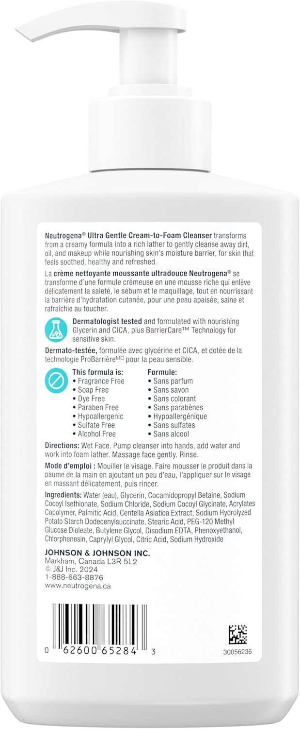 Neutrogena Ultra Gentle Cream-to-Foam Cleanser, Face Wash for Sensitive Skin, Dry Skin, Cleanser, Dermatologist Tested, Hypoallergenic, Cica, Fragrance Free, 354mL