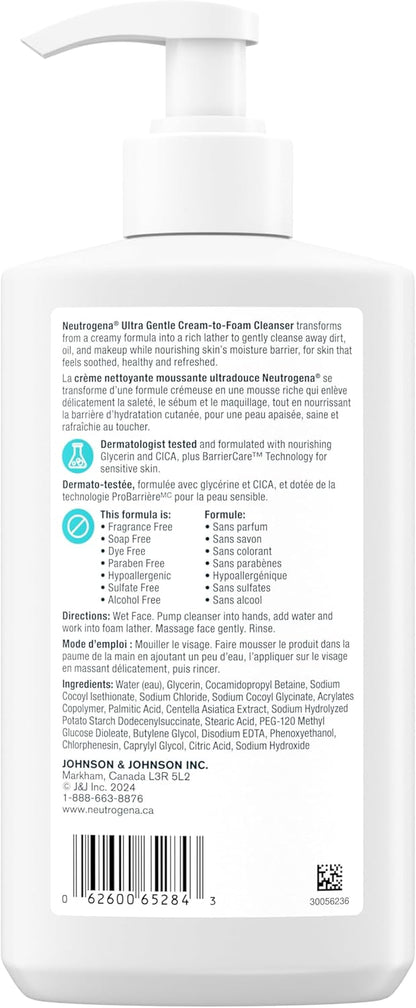 Neutrogena Ultra Gentle Cream-to-Foam Cleanser, Face Wash for Sensitive Skin, Dry Skin, Cleanser, Dermatologist Tested, Hypoallergenic, Cica, Fragrance Free, 354mL