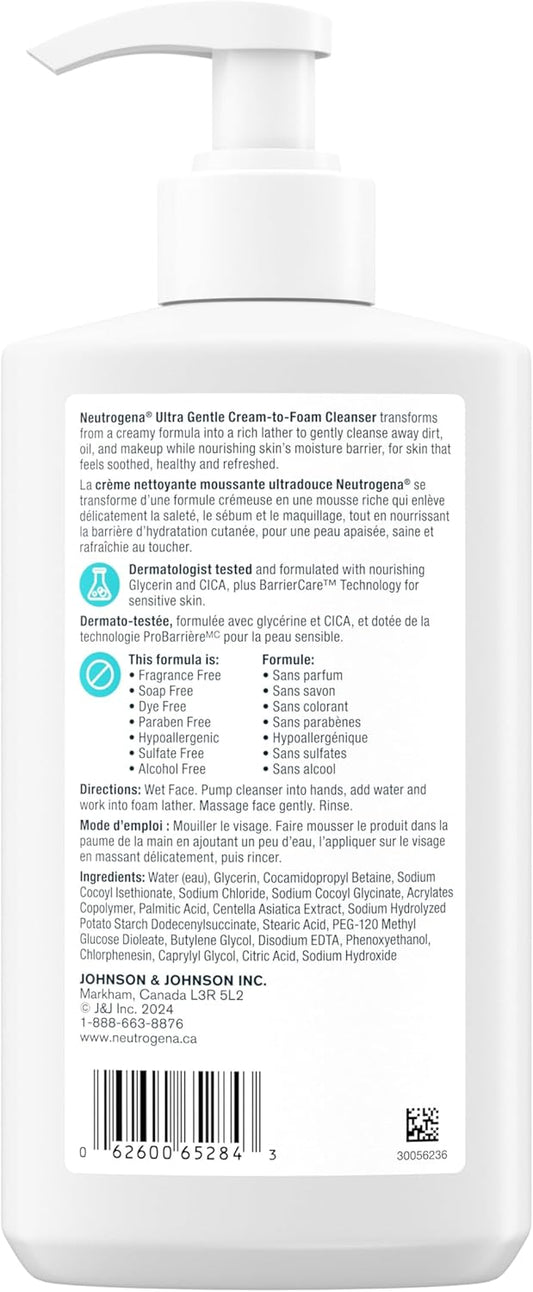 Neutrogena Ultra Gentle Cream-to-Foam Cleanser, Face Wash for Sensitive Skin, Dry Skin, Cleanser, Dermatologist Tested, Hypoallergenic, Cica, Fragrance Free, 354mL