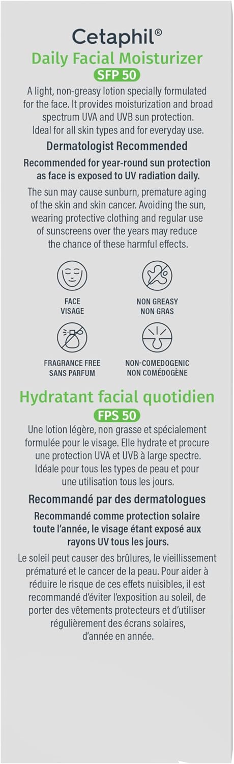 Cetaphil Daily Facial Moisturizer, SPF 50 Gentle Face Lotion for All Skin Types, Light Weight, Oil Free, Dermatologist Recommended Sensitive Skincare, 50ml, Pack of 1