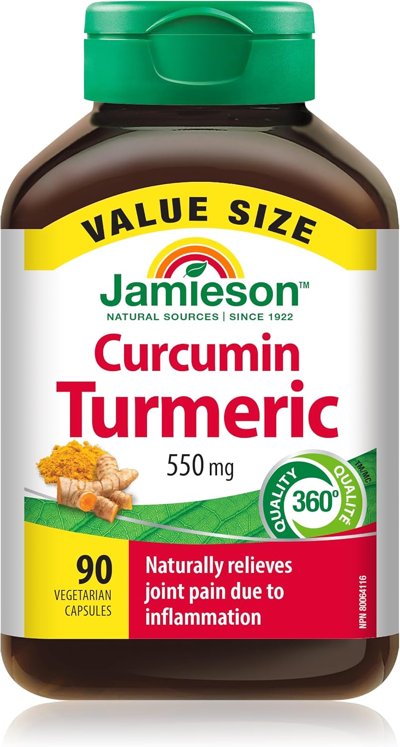Jamieson Curcumin Turmeric 550 mg, Provides Natural Joint Pain Relief, Supports Inflammation, and Helps with Digestion. NON-GMO, Gluten-Free, 90 Vegetarian Capsules, Proudly Canadian