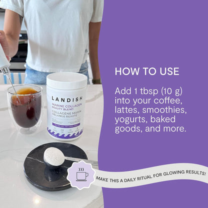 Landish 海洋膠原蛋白美容混合肽粉 - 野生海洋膠原蛋白、透明質酸、生物素、海水鎂和維生素 C - 皮膚、頭髮和指甲支持 - 可飲用的護膚品 - 快速溶解 - 加拿大製造 - 3…
