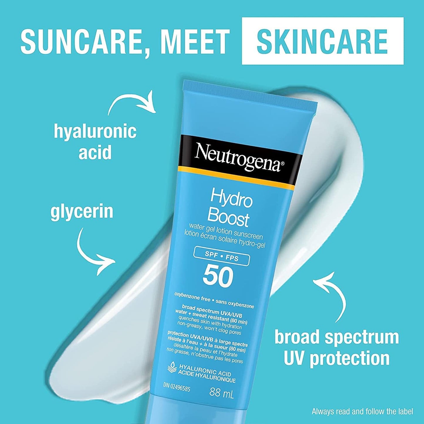 Neutrogena Hydro Boost Fragrance-Free Hydrating Cleansing Gel, Foaming, Facial Cleanser, Hyaluronic Acid, Paraben Free, 473-mL & Hydro Boost Water Gel Lotion Sunscreen SPF 50 88 mL