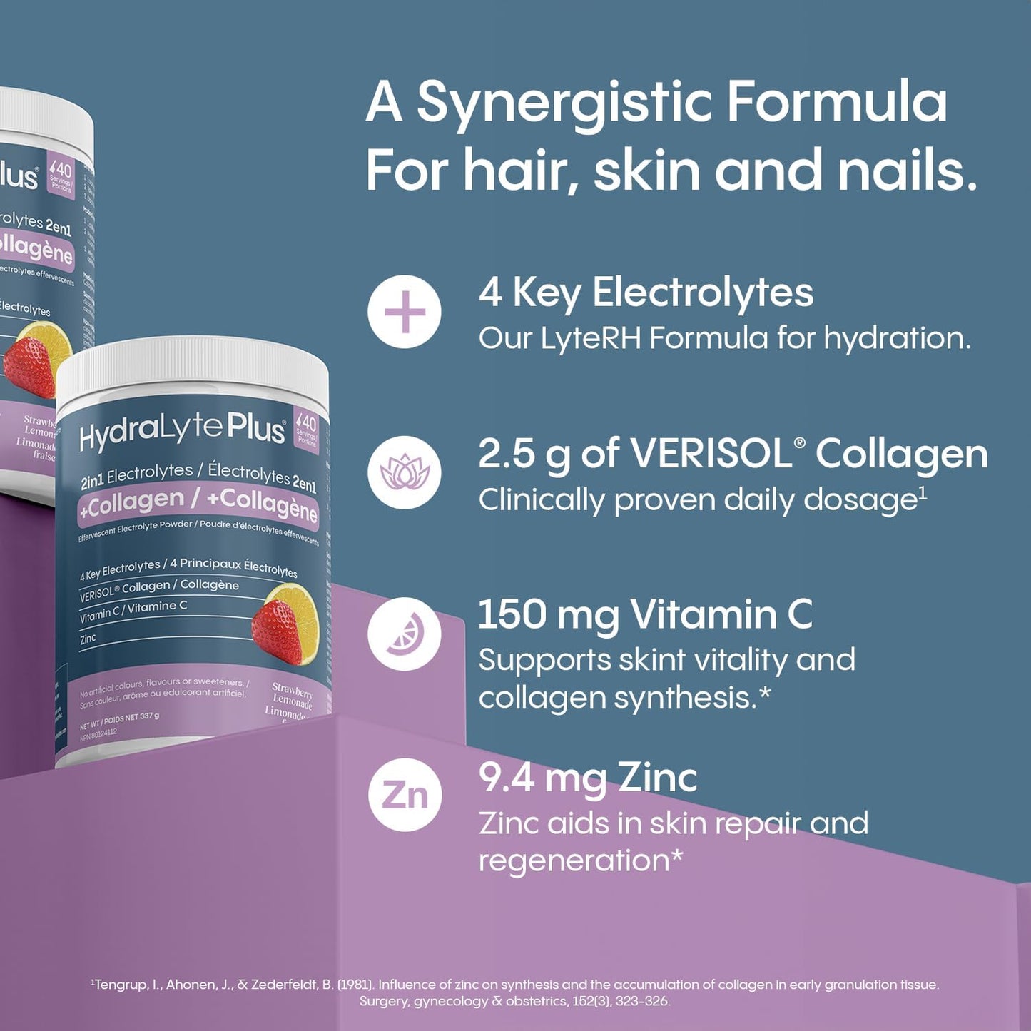 HydraLyte Plus 膠原蛋白粉，電解質 + VERISOL 膠原蛋白，適用於頭髮、皮膚和指甲，每日保濕粉，膠原蛋白勝肽，維生素 C 和鋅（草莓檸檬水口味，40 份）