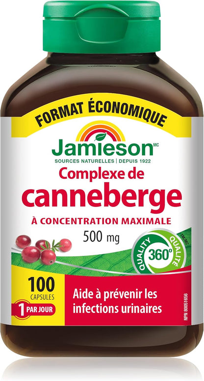 Jamieson蔓越莓复合物，含450毫克蔓越莓提取物和50毫克D-甘露糖，具有抗氧化功效，浓缩精华，并能预防尿路感染。非转基因，无麸质，100粒素食胶囊