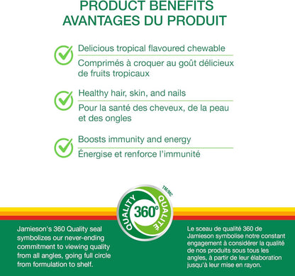 Jamieson 100% 成人复合维生素咀嚼片，柑橘风味，富含叶黄素、钙和生物素。支持免疫力、能量和整体健康，不含人工色素、香精或防腐剂，每日一片……