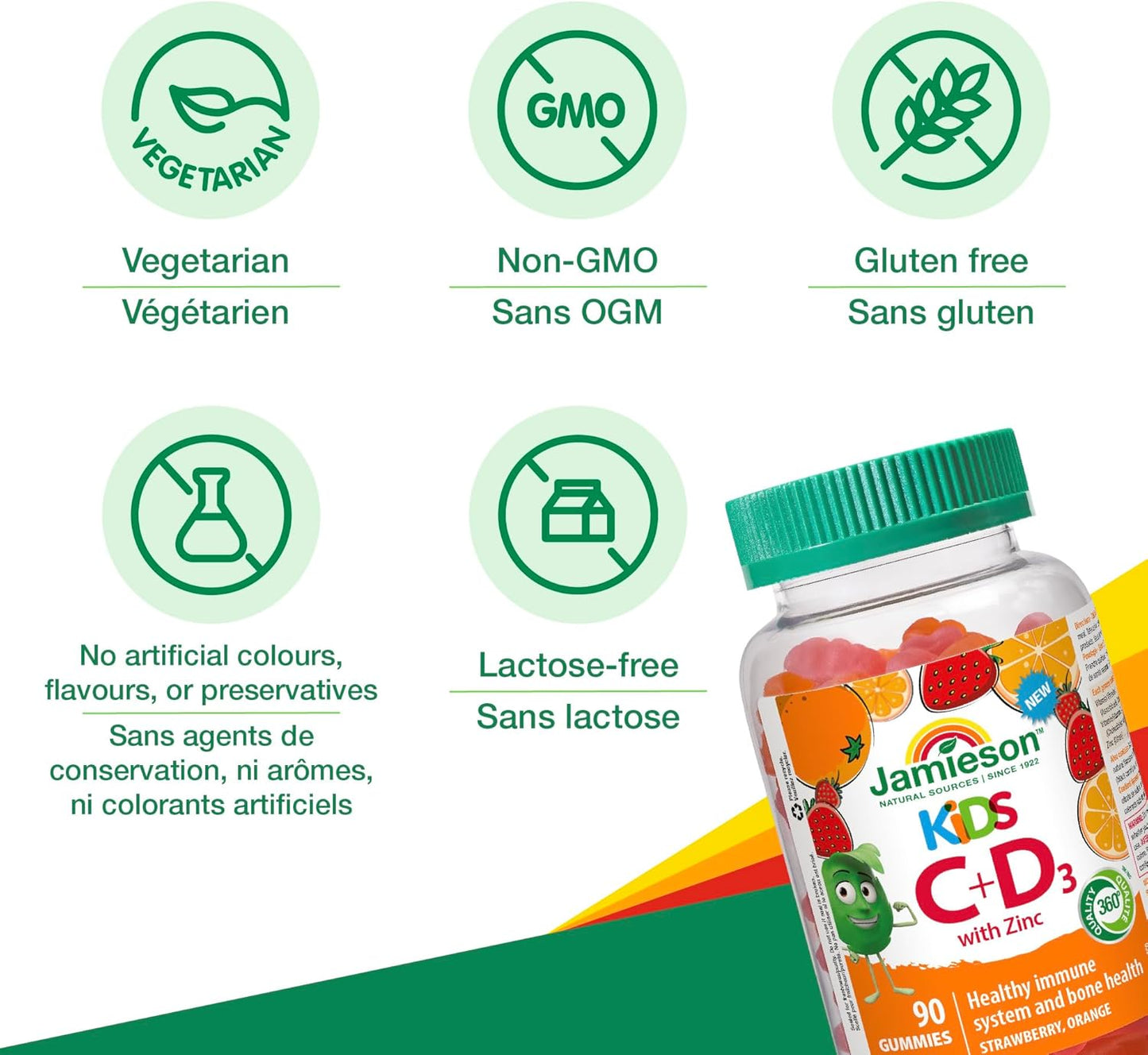 Jamieson 儿童免疫软糖，含维生素C、维生素D3和锌，草莓和橙子口味，有助于增强免疫力，强健牙齿和骨骼，促进伤口愈合。素食，非转基因，不含明胶，不含麸质，不含……