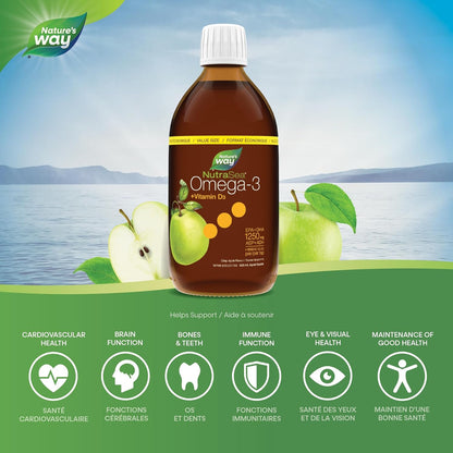 Nature's Way NutraSea Omega-3 和維生素 D 補充劑 - 含 EPA 和 DHA 的魚油 - 支持健康的心臟和大腦，幫助強健骨骼和牙齒並幫助支持免疫系統 - 清脆蘋果味，500 毫升液體，素食…