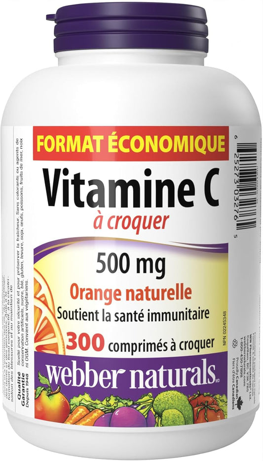 Webber Naturals Vitamin C Chewbale 500 mg, 300 Orange Flavour Tablets, For Bones, Teeth, Immune and Antioxidant Health