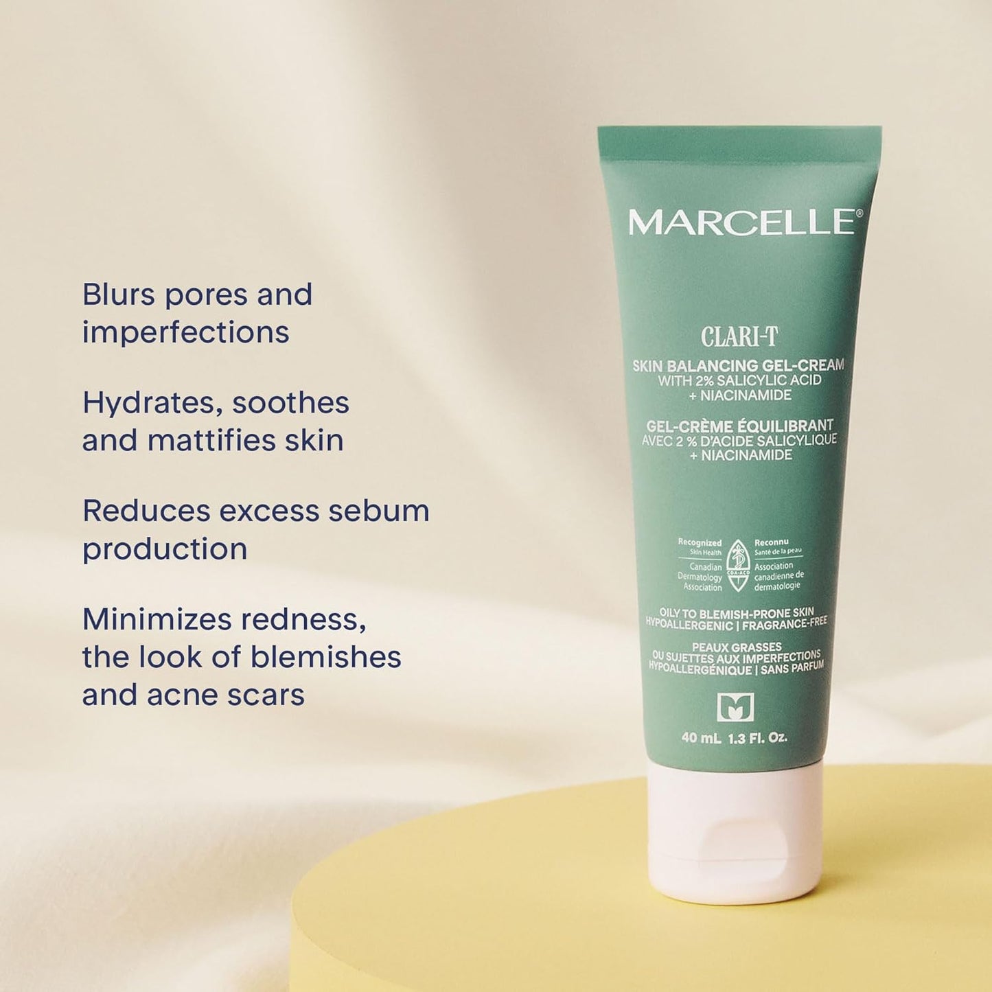 Marcelle Clari-T Skin Balancing Gel-Cream with 2% Salicylic Acid + Niacinamide, Face Moisturizer, Clarifying & Exfoliating, Vegan, Cruelty-Free, Hypoallergenic, Fragrance-Free, Non-Comedogenic, 40 mL