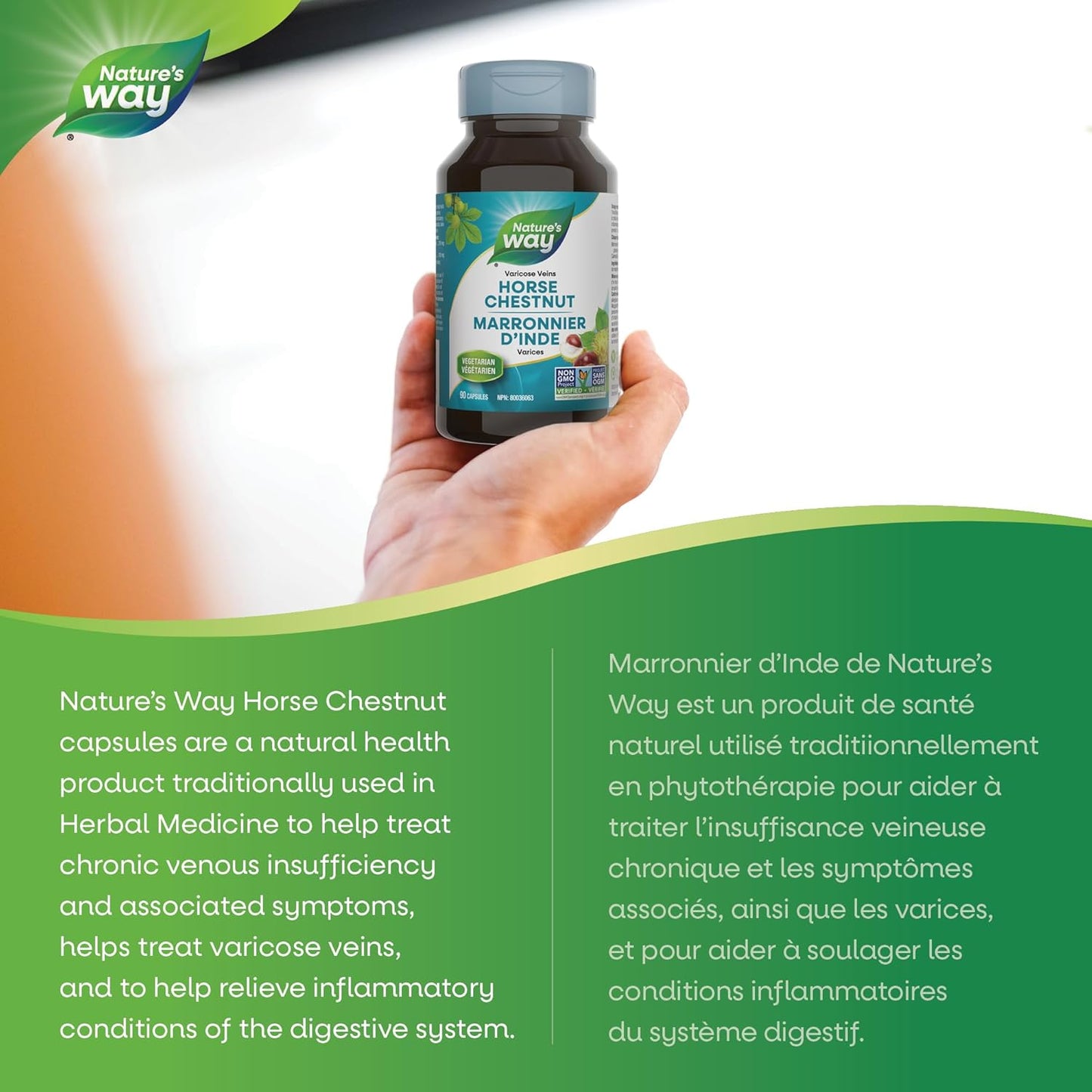 Nature’s Way 七叶树 – 有助于治疗静脉曲张和缓解消化系统炎症 – 七叶树种子和金盏花 - 90 粒素食胶囊