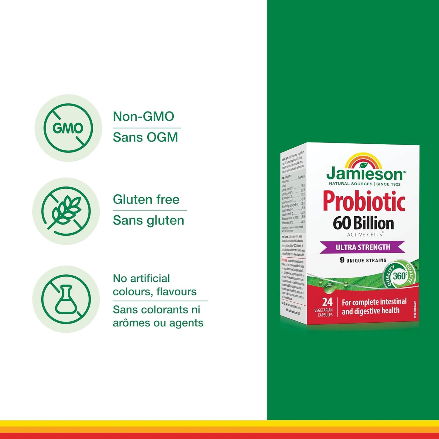 Jamieson 益生菌 600 億活性細胞，超強效，支持消化系統健康和腸道健康。 9 種獨特菌株，包括乳酸桿菌和雙歧桿菌，非基因改造，無麩質，24 粒素食膠囊