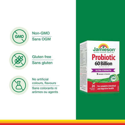 Jamieson 益生菌 600 億活性細胞，超強效，支持消化系統健康和腸道健康。 9 種獨特菌株，包括乳酸桿菌和雙歧桿菌，非基因改造，無麩質，24 粒素食膠囊
