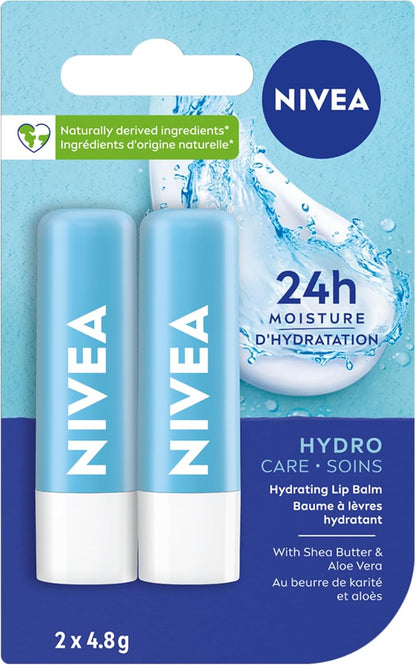 NIVEA Hydro Care Lip Balm, (2 X 4.8g) | Made with Aloe Vera & Shea Butter, 24H Hydration, Transparent