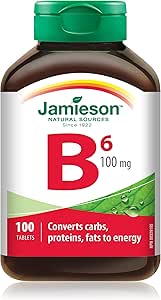 Jamieson 維生素 B6 100 毫克，鹽酸吡哆醇，有助於預防維生素 B6 缺乏症，促進能量生成和代謝。素食，非基因改造，無麩質，100 片裝，加拿大製造