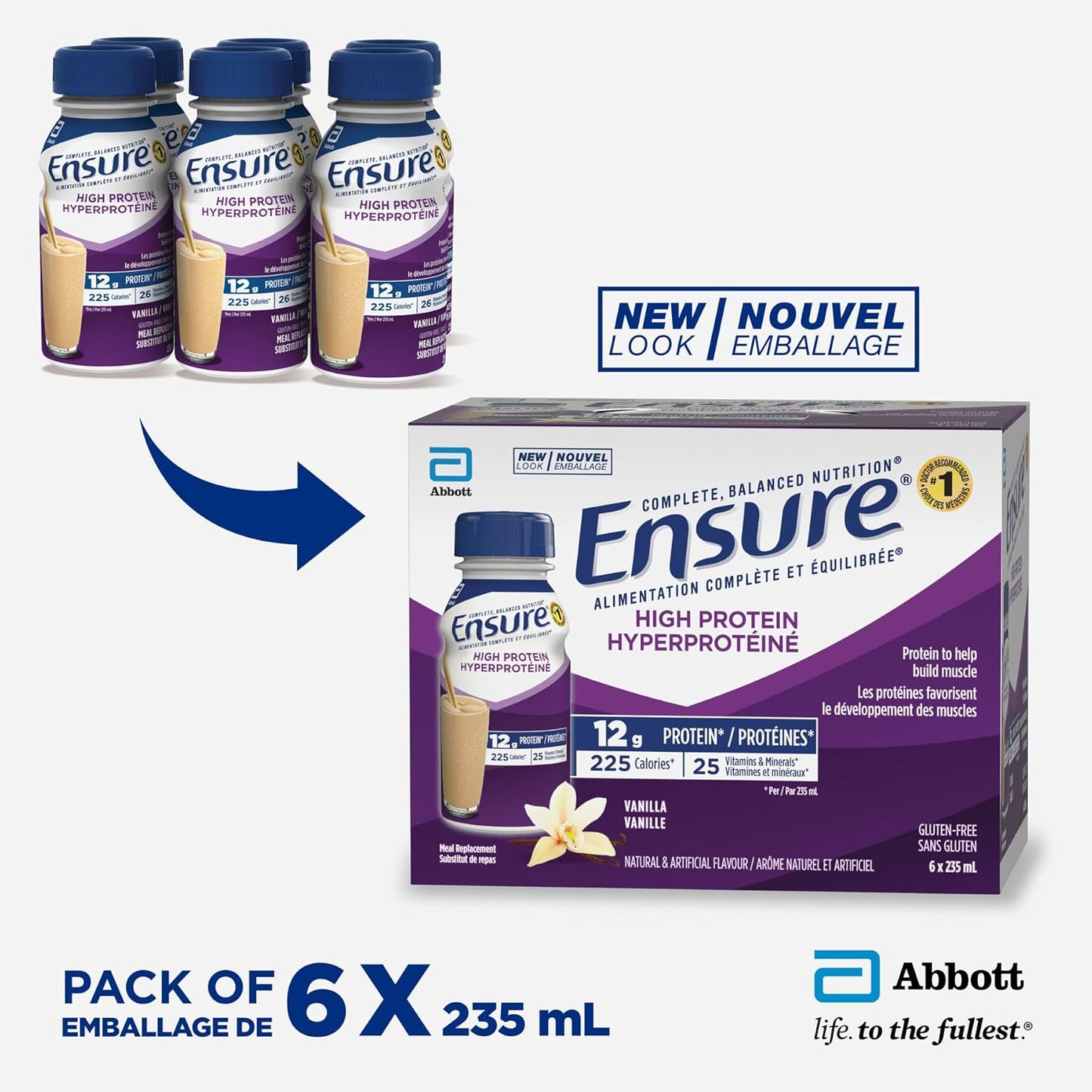 Ensure 高蛋白 12 克，代餐奶昔，含蛋白質的蛋白質奶昔，有助於增強肌肉，香草味，6 x 235 毫升瓶裝