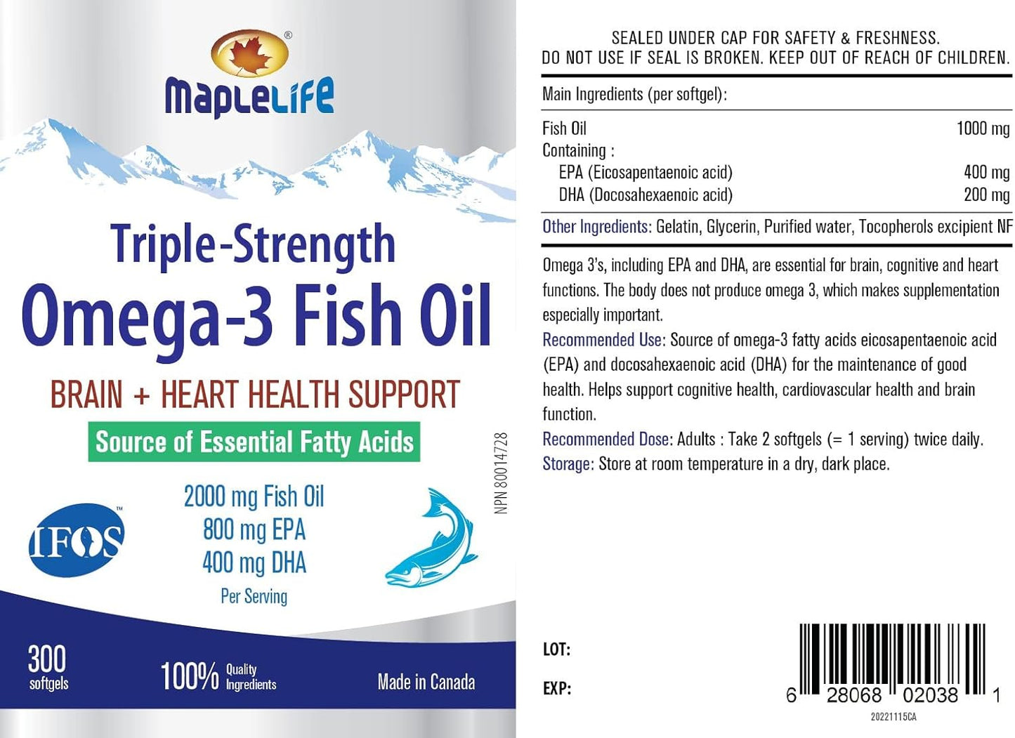 MapleLife Nutrition® - 三重强度 - Omega-3 鱼油 - 大脑 + 心脏健康 - 必需脂肪酸 - DHA、EPA - 鱼油软胶囊 2000 毫克 - 300 粒软胶囊