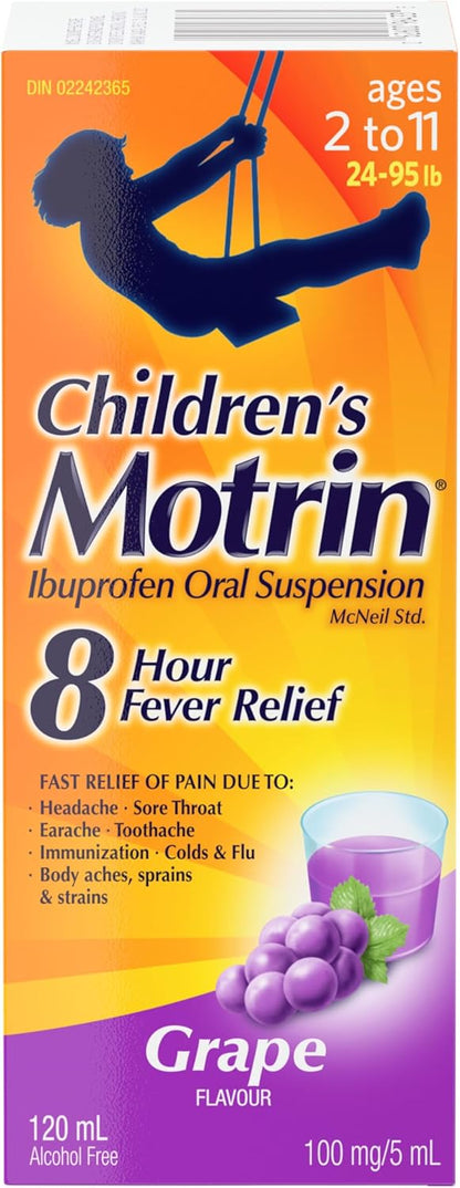 Motrin 儿童液体止痛药，退烧长达 8 小时，布洛芬，葡萄味，无色素 120ml