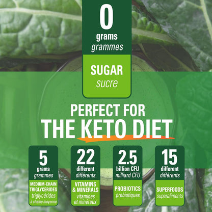 純素純酮綠葉蔬菜，含 MCT 和益生菌 - 香草味，15 種超級食物，22 種維生素，營養豐富的混合物，水果、綠葉蔬菜和蔬菜，0 克糖，無麩質 - 24 份