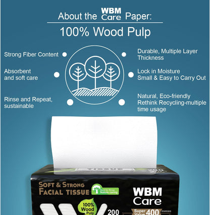 WBM Care 双层面巾纸，茶树香型 - 200 张，10 包（共 2000 张）超柔软，100% 天然，最适合冲洗