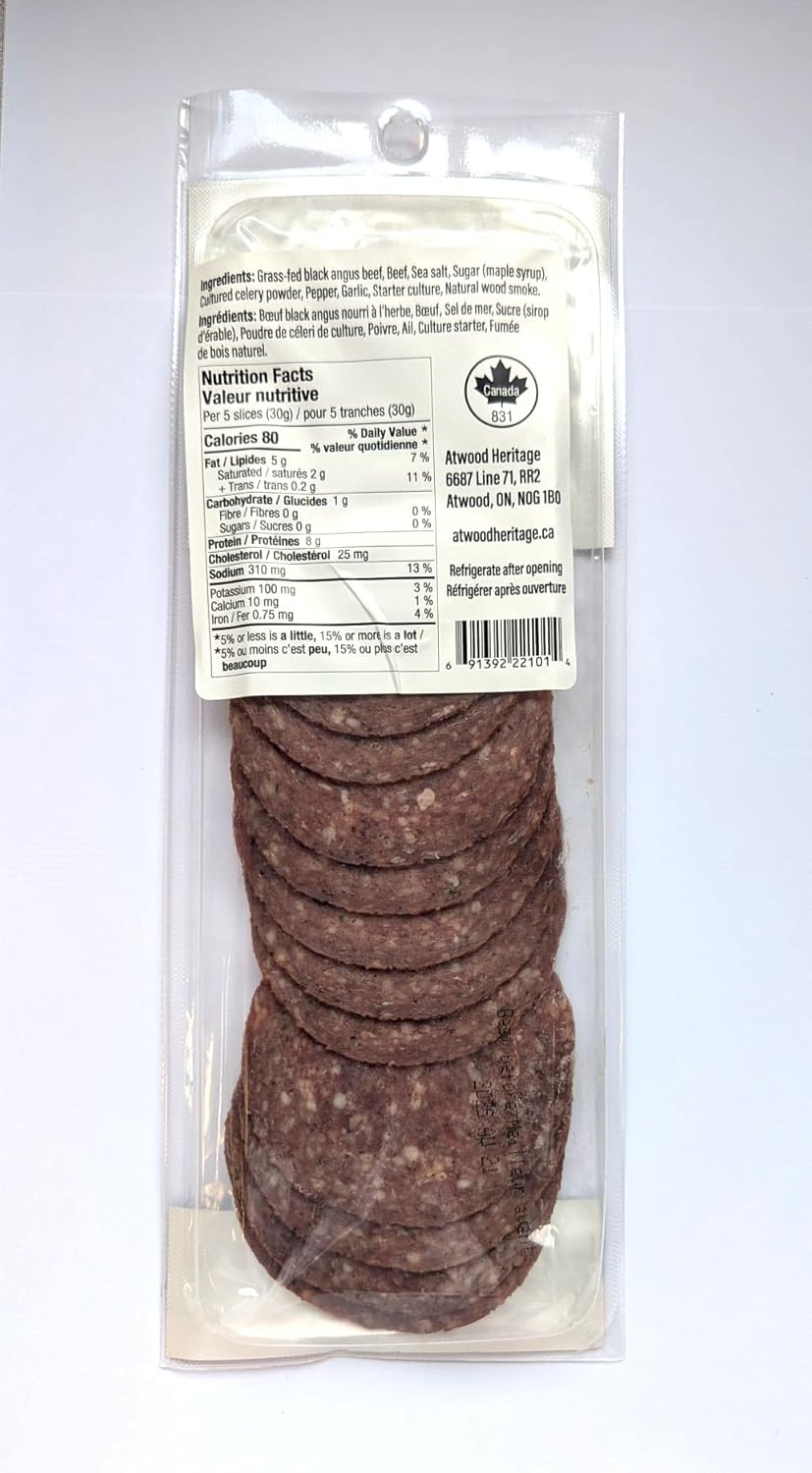 Atwood Heritage 草飼安格斯牛肉切片薩拉米香腸，125克，高蛋白，無麩質，無硝酸鹽，加拿大製造