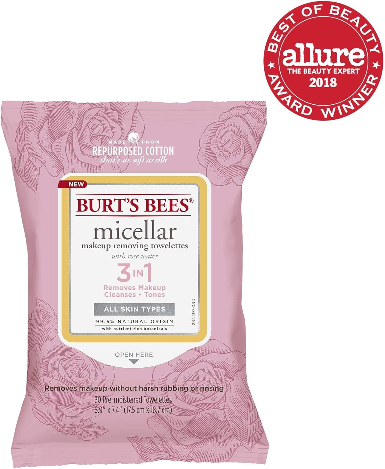 Burt's Bees Micellar Cleansing Towelettes With Rose Water 30 count