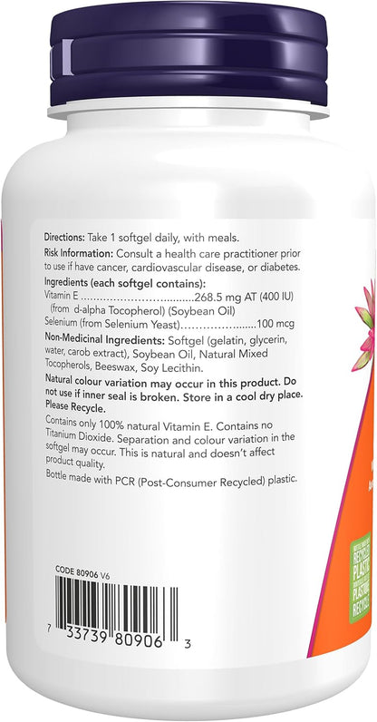 NOW Supplements, 维生素 E-400 IU，混合生育酚，抗氧化保护*，100 粒软胶囊