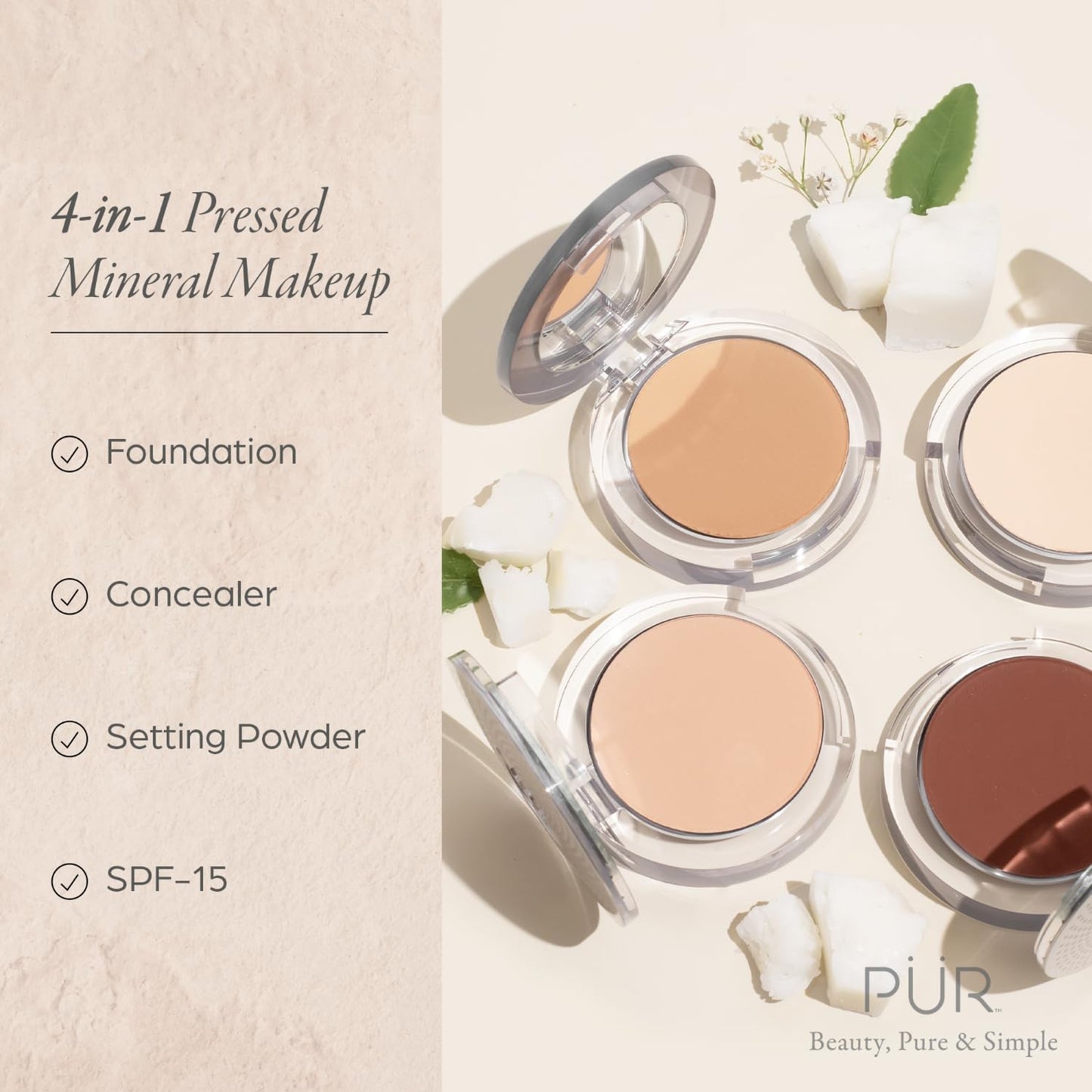 PUR Beauty 4-in-1 Pressed Mineral Makeup Foundation with SPF 15 - Concealer & Finishing Compact Pressed Powder for Face - Buildable Medium to Full Coverage Foundation