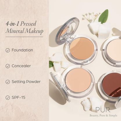 PUR Beauty 4-in-1 Pressed Mineral Makeup Foundation with SPF 15 - Concealer & Finishing Compact Pressed Powder for Face - Buildable Medium to Full Coverage Foundation