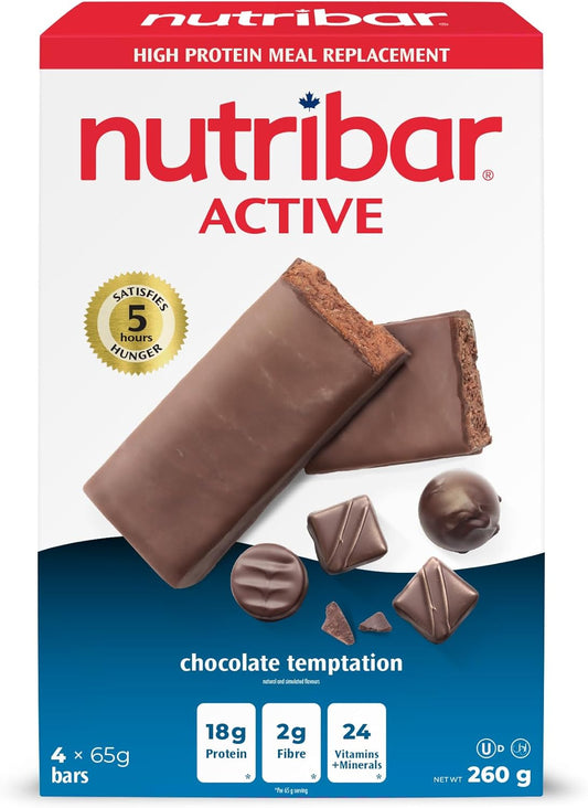 Nutribar Active Chocolate Temptation Meal Replacement Bars, High protein, 24 Vitamins & Minerals, High Fibre, Made in Canada, 4-Count *PACKAGING MAY VARY*