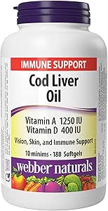 Webber Naturals 鱈魚肝油，含維生素 A 和 D3，180 粒軟膠囊，有助於視力、皮膚和免疫功能