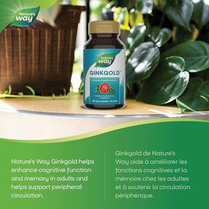 Nature's Way 銀杏金 - 成人認知功能和記憶力支持補充劑 - 外周循環 - 採用銀杏葉製成 - 標準化提取物 - 100 片素食片