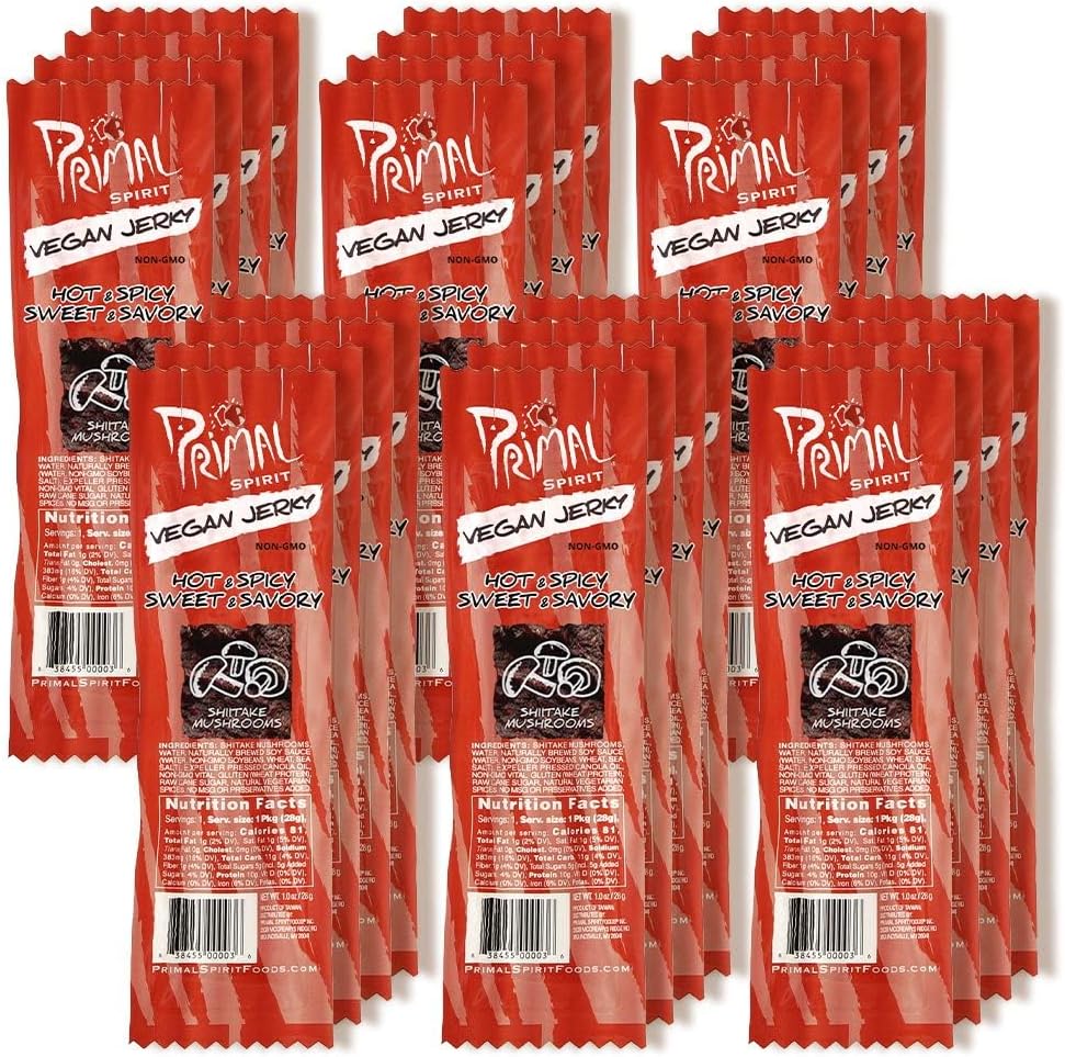 Primal Spirit Vegan Jerky - Classic Flavor - Teriyaki, Plant Based Protein, Certified Non-GMO, No Preservatives (12 Pack, 1 oz)