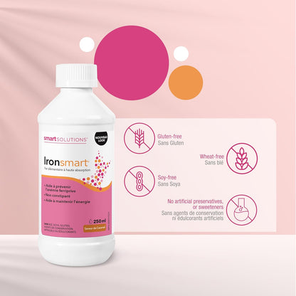 Smart Solutions Ironsmart 焦糖味液態補鐵劑，有助於保持精力充沛，預防缺鐵。不引起便秘，含10毫克鐵，無麩質，不含人工防腐劑或甜味劑，250毫升