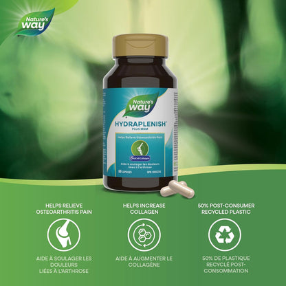 Nature's Way Hydraplenish Plus 膠原蛋白、MSM 和透明質酸、骨關節炎關節疼痛支持、BioCell 膠原蛋白，60 粒膠囊