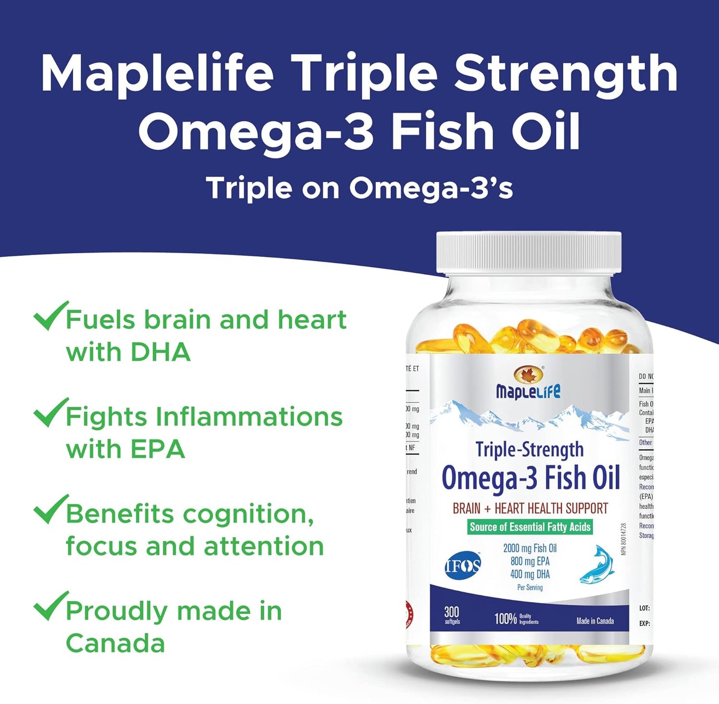 MapleLife Nutrition® - 三重强度 - Omega-3 鱼油 - 大脑 + 心脏健康 - 必需脂肪酸 - DHA、EPA - 鱼油软胶囊 2000 毫克 - 300 粒软胶囊