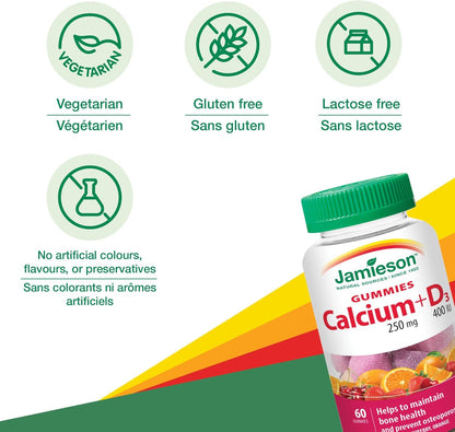 Jamieson Calcium 250 mg with Vitamin D3 400 IU Gummies, Cherry, Strawberry, and Orange Flavours, Helps Prevent Osteoporosis, Supports Strong Bones and Teeth. Non-GMO, Gluten-Free, No Artificial Colours, Flavours, or Pres…
