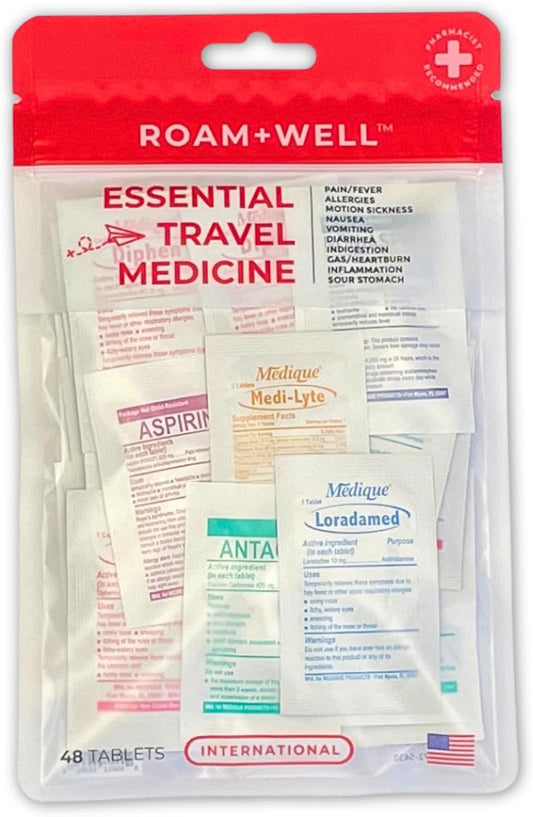 Roamwell Essential Travel Medicine Kit, OTC Travel Medication, TSA Approved (International | 48 Tablets)